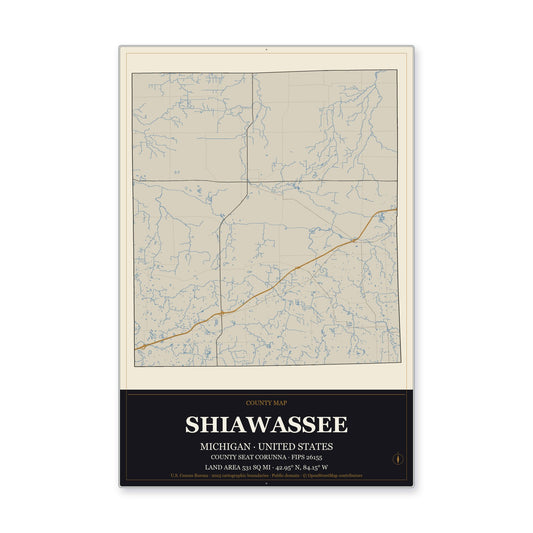 Shiawassee County, Michigan Map Aluminum Sign in Museum Plaque style
