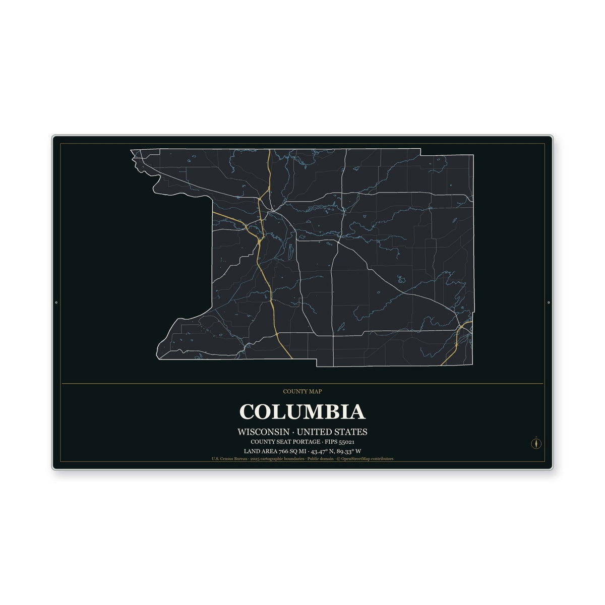 Columbia County, Wisconsin Map Aluminum Sign in Metropolitan Noir style