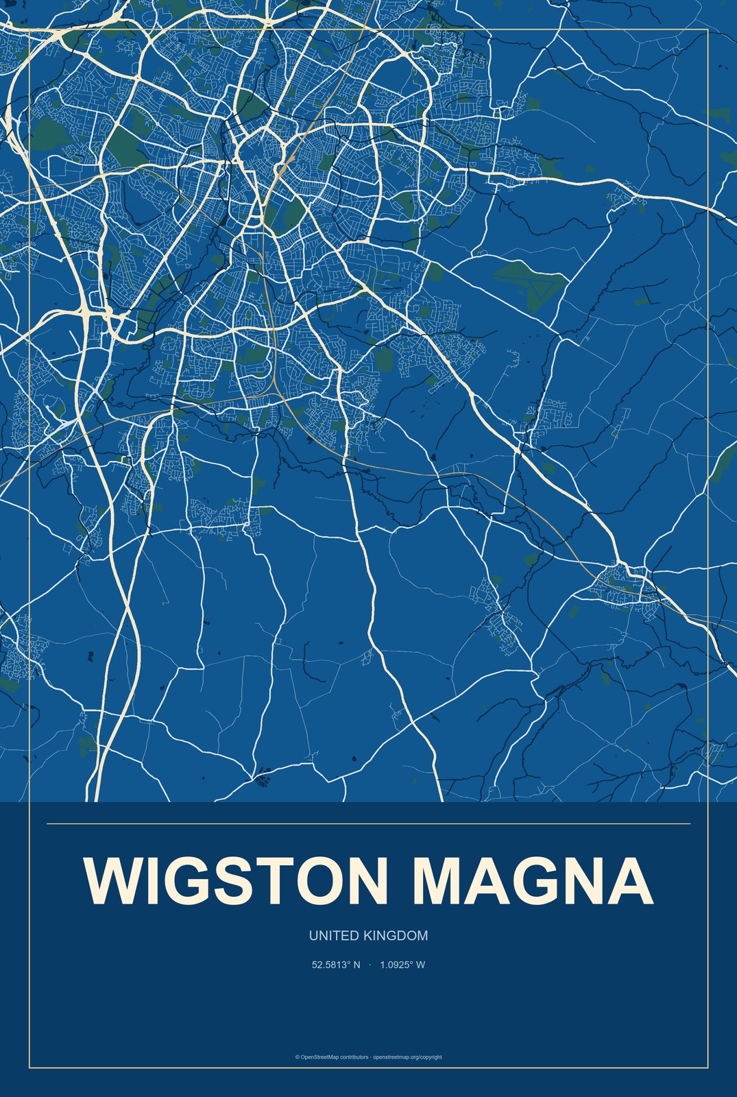 Wigston Magna, United Kingdom City Map Aluminum Sign in Harbor Cobalt style