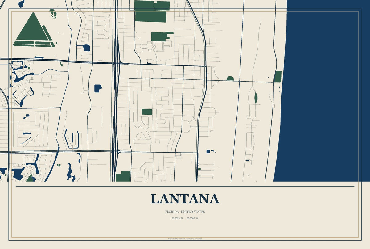Lantana, Florida City Map Aluminum Sign in Coastal Cutout style