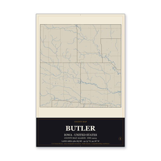 Butler County, Iowa Map Aluminum Sign in Museum Plaque style