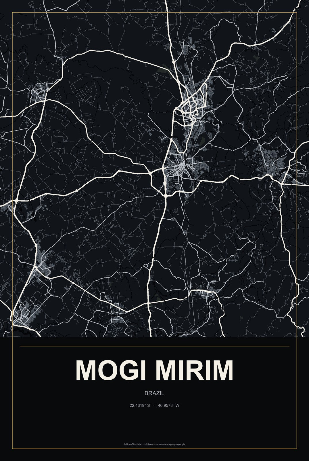 Mogi Mirim, Brazil City Map Aluminum Sign in Metropolitan Noir style