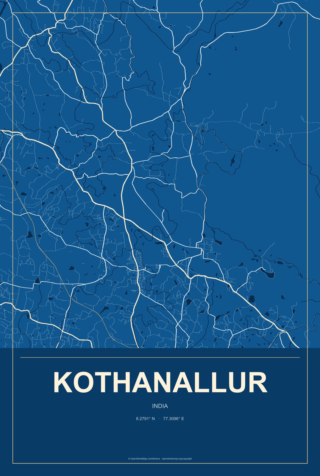 Kothanallur, India City Map Aluminum Sign in Harbor Cobalt style