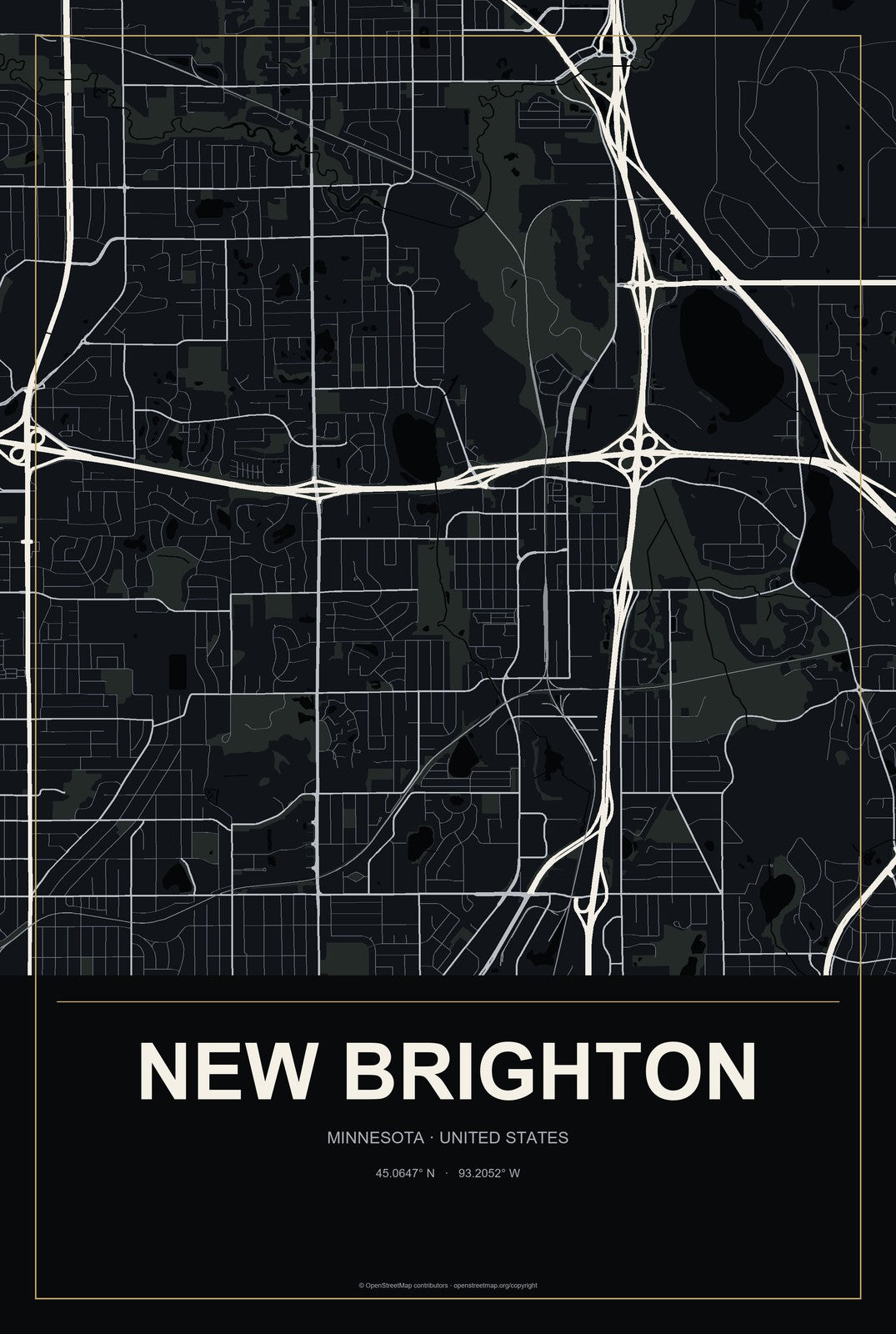 New Brighton, Minnesota City Map Aluminum Sign in Metropolitan Noir style