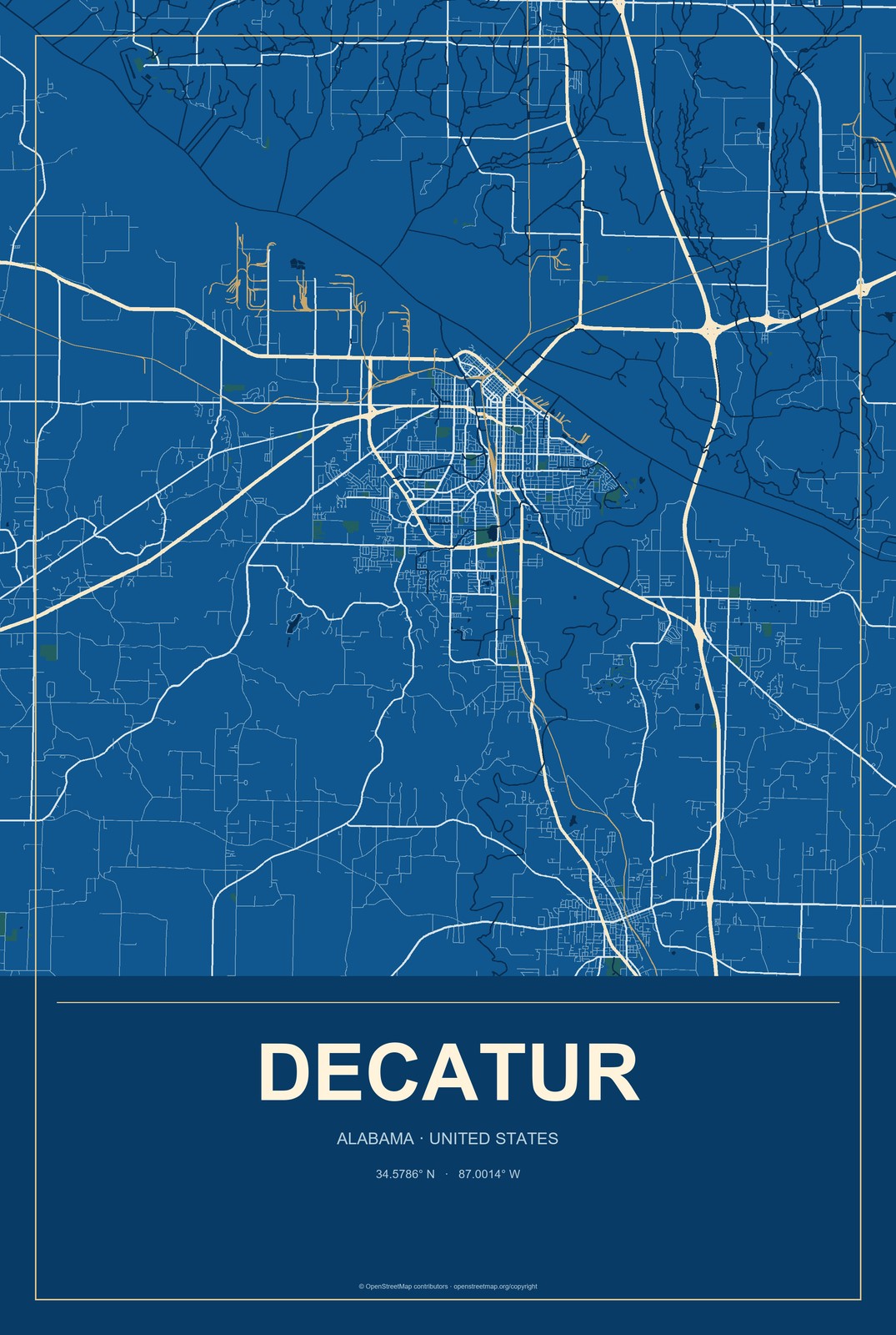 Decatur, Alabama City Map Aluminum Sign in Harbor Cobalt style