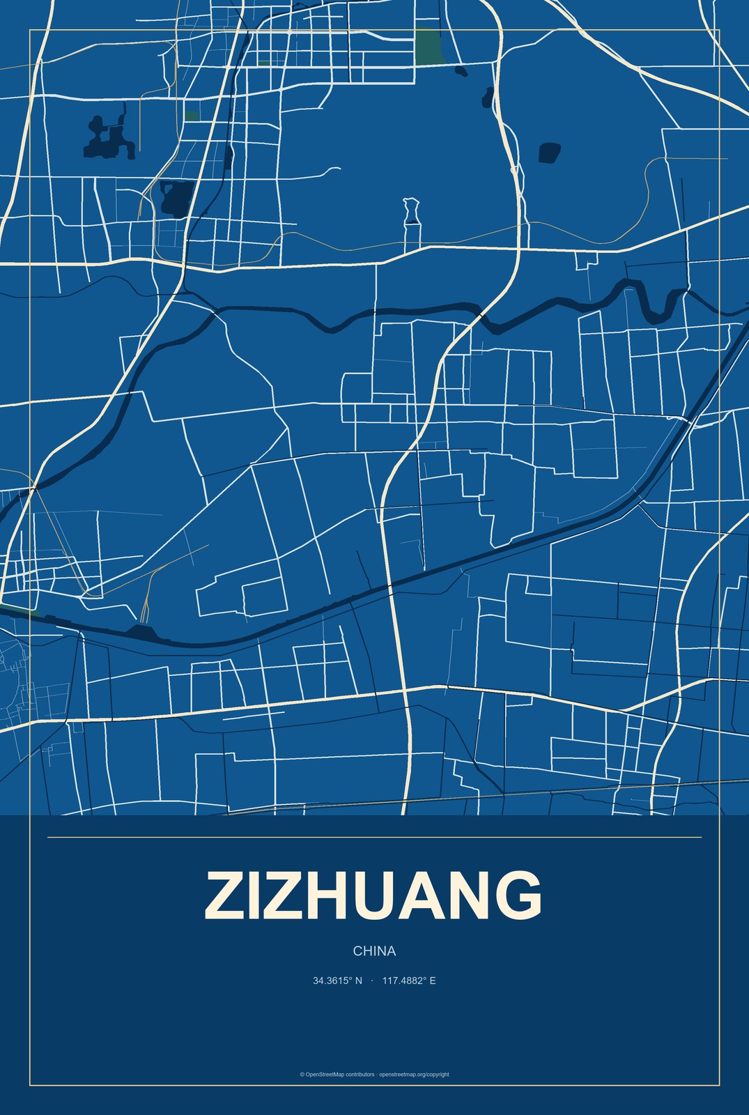 Zizhuang, China City Map Aluminum Sign in Harbor Cobalt style