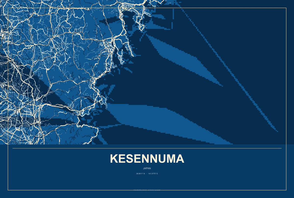 Kesennuma, Japan City Map Aluminum Sign in Harbor Cobalt style