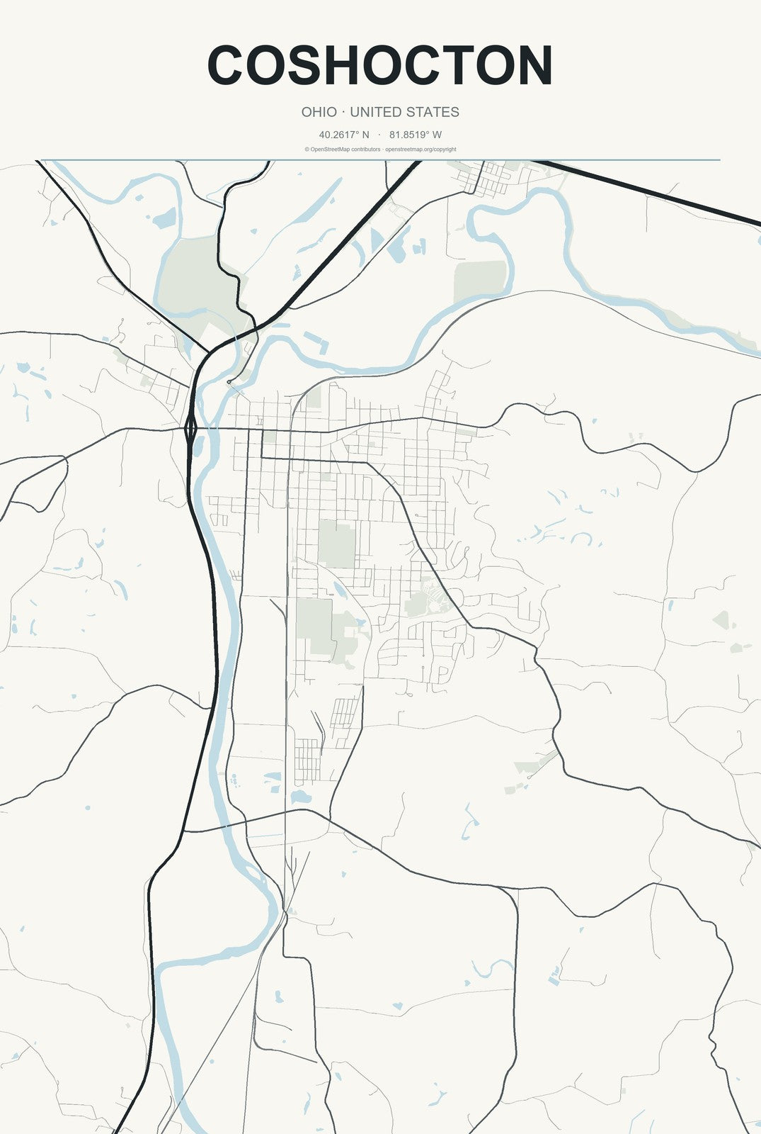 Coshocton, Ohio City Map Aluminum Sign in Headline Atlas style