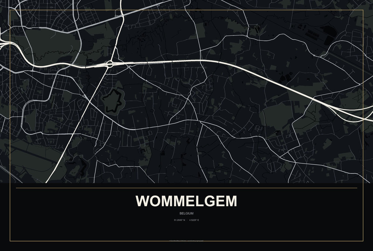 Wommelgem, Belgium City Map Aluminum Sign in Metropolitan Noir style