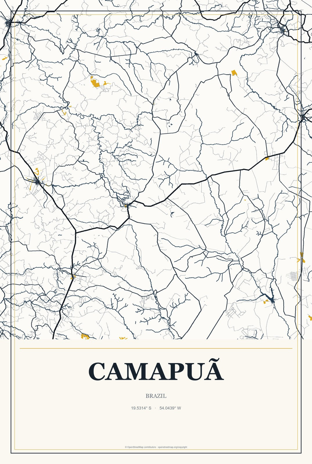 Camapuã, Brazil City Map Aluminum Sign in Citrine Modern style