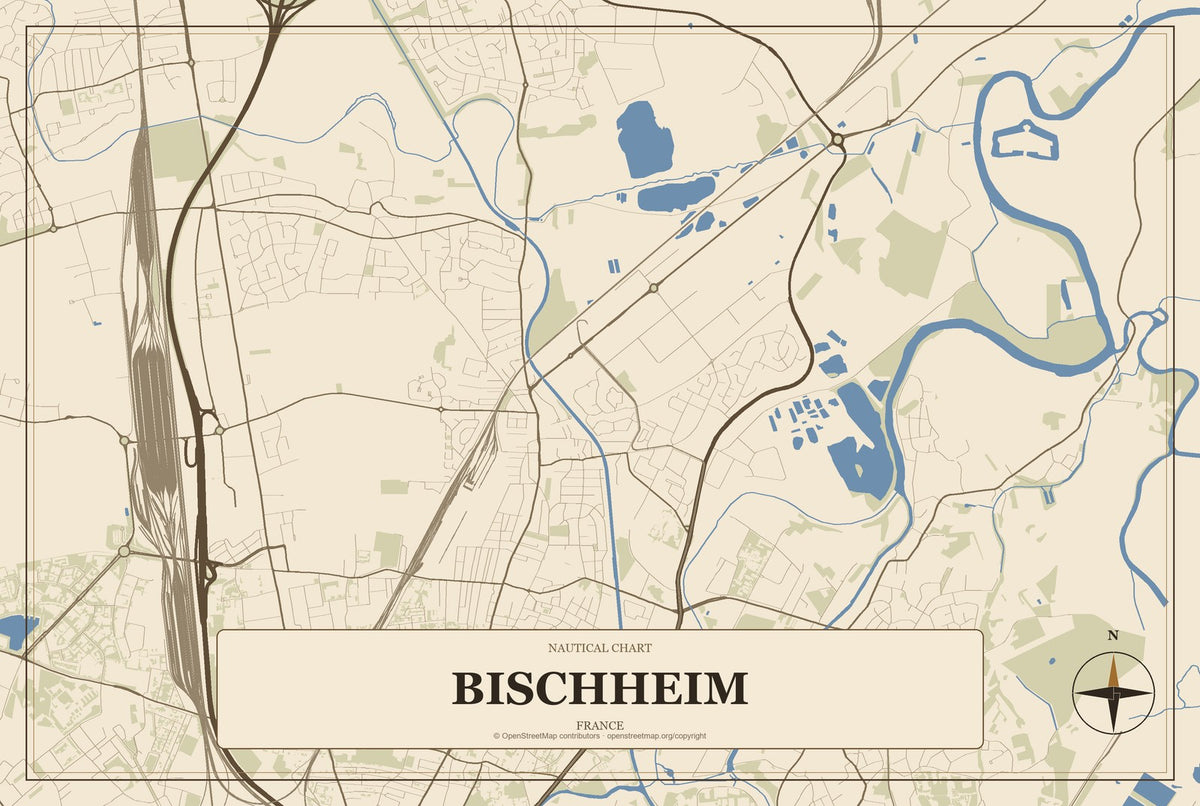 Bischheim, France City Map Aluminum Sign in Heritage Nautical style