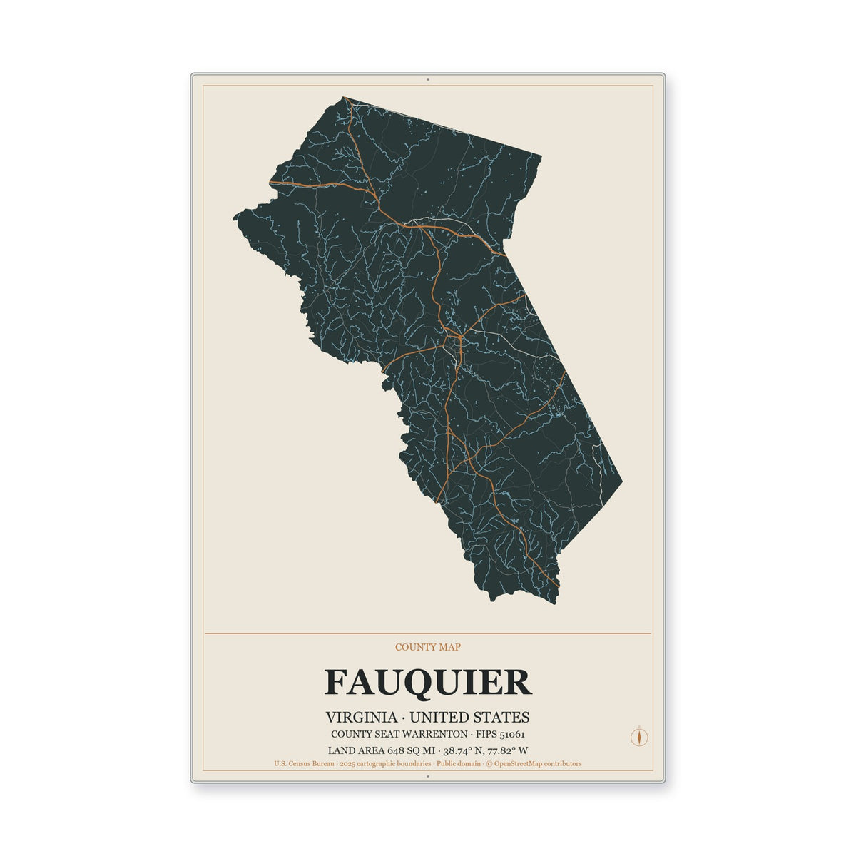 Fauquier County, Virginia Map Aluminum Sign in Headline Atlas style