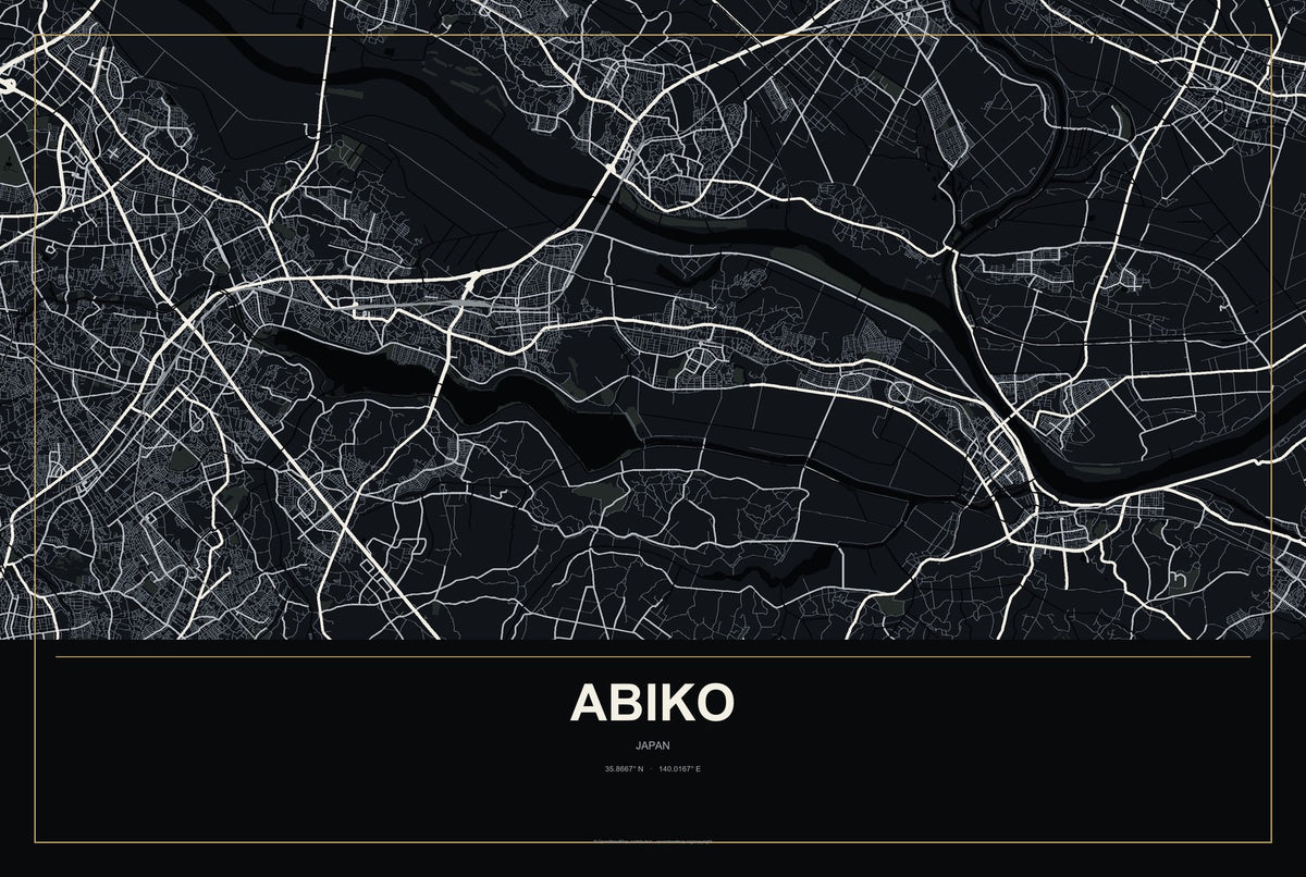 Abiko, Japan City Map Aluminum Sign in Metropolitan Noir style
