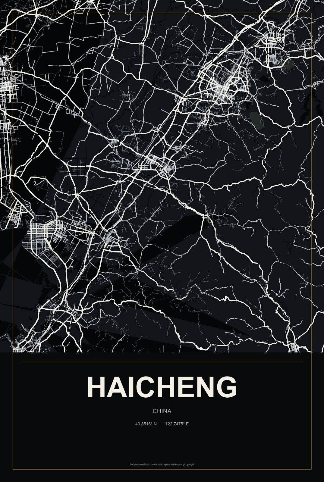 Haicheng, China City Map Aluminum Sign in Metropolitan Noir style
