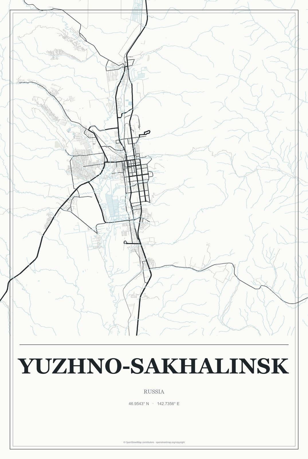 Yuzhno-Sakhalinsk, Russia City Map Aluminum Sign in Gallery Air style