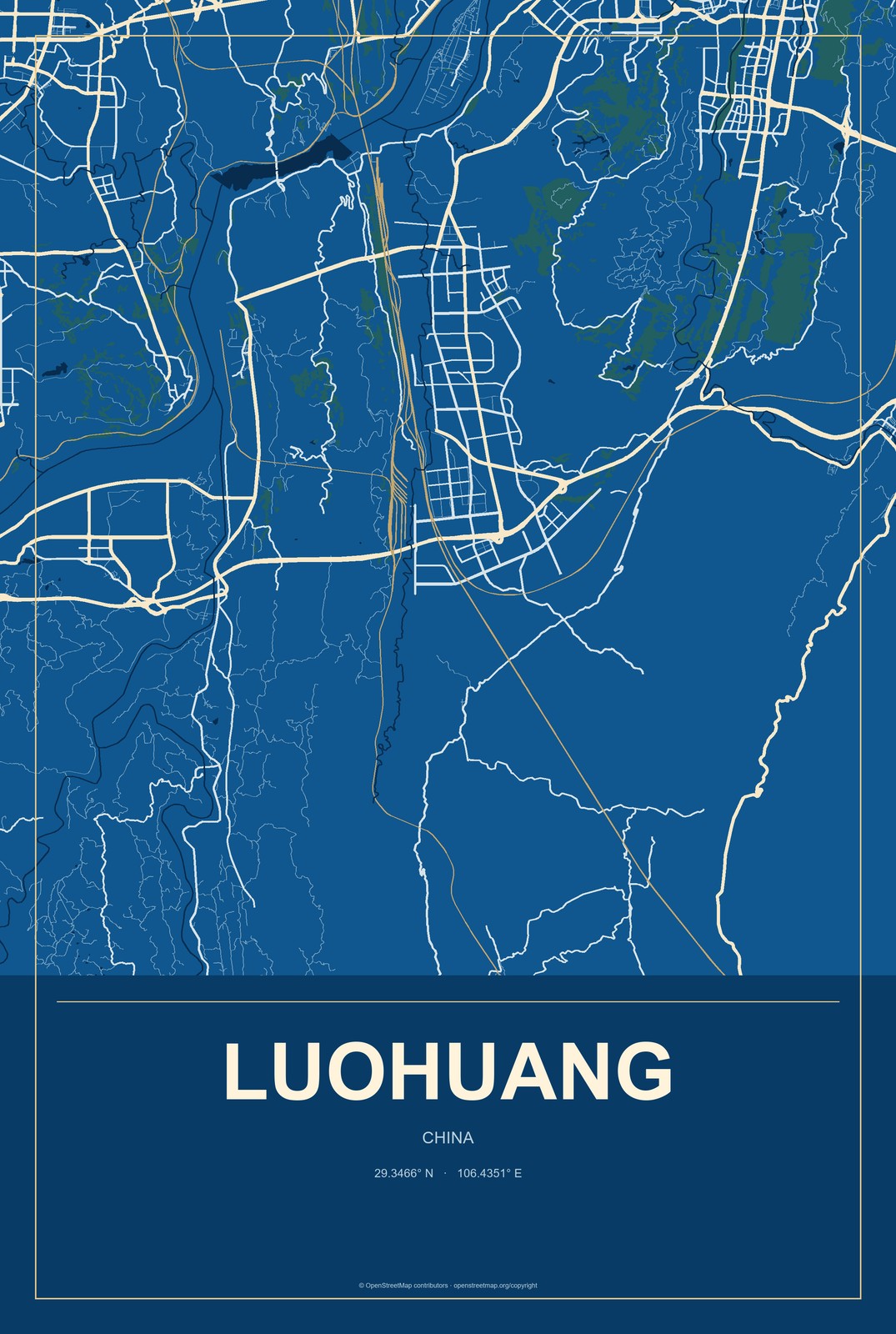 Luohuang, China City Map Aluminum Sign in Harbor Cobalt style