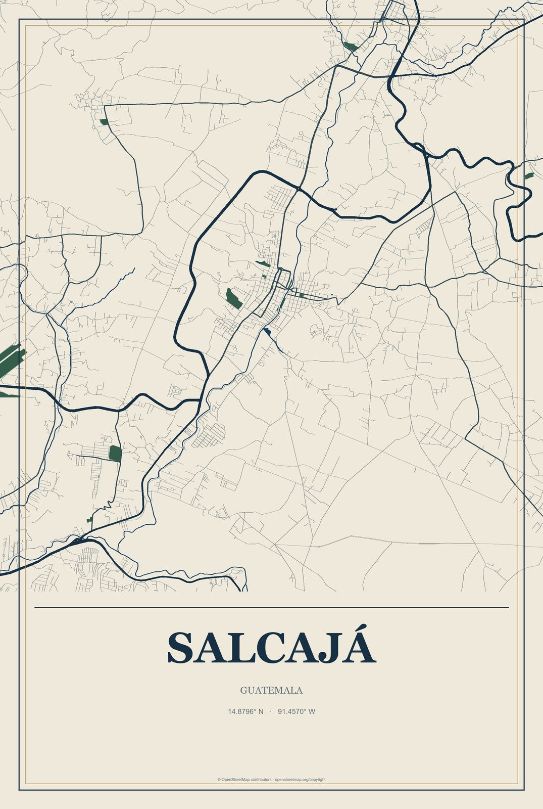 Salcajá, Guatemala City Map Aluminum Sign in Coastal Cutout style