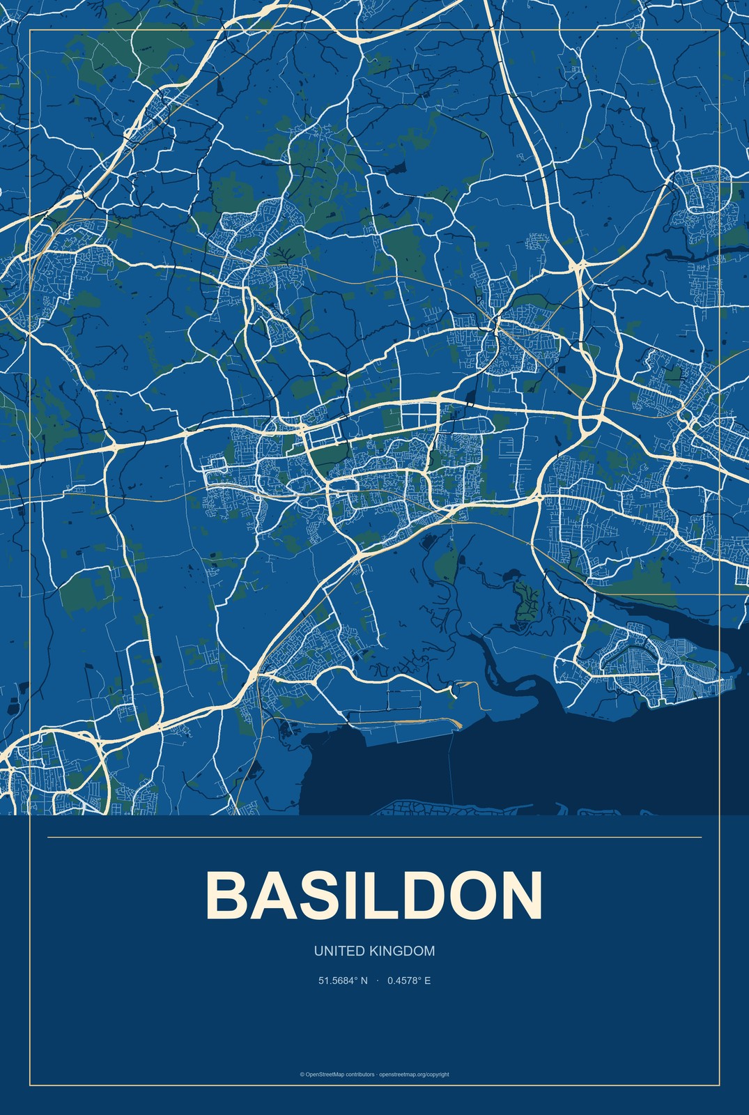 Basildon, United Kingdom City Map Aluminum Sign in Harbor Cobalt style