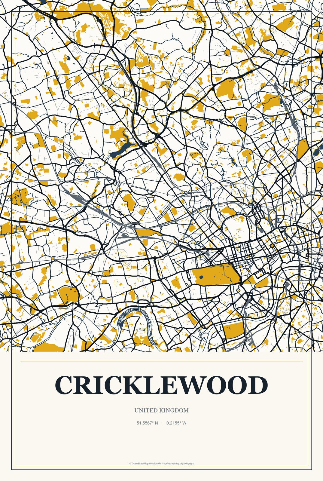 Cricklewood, United Kingdom City Map Aluminum Sign in Citrine Modern style