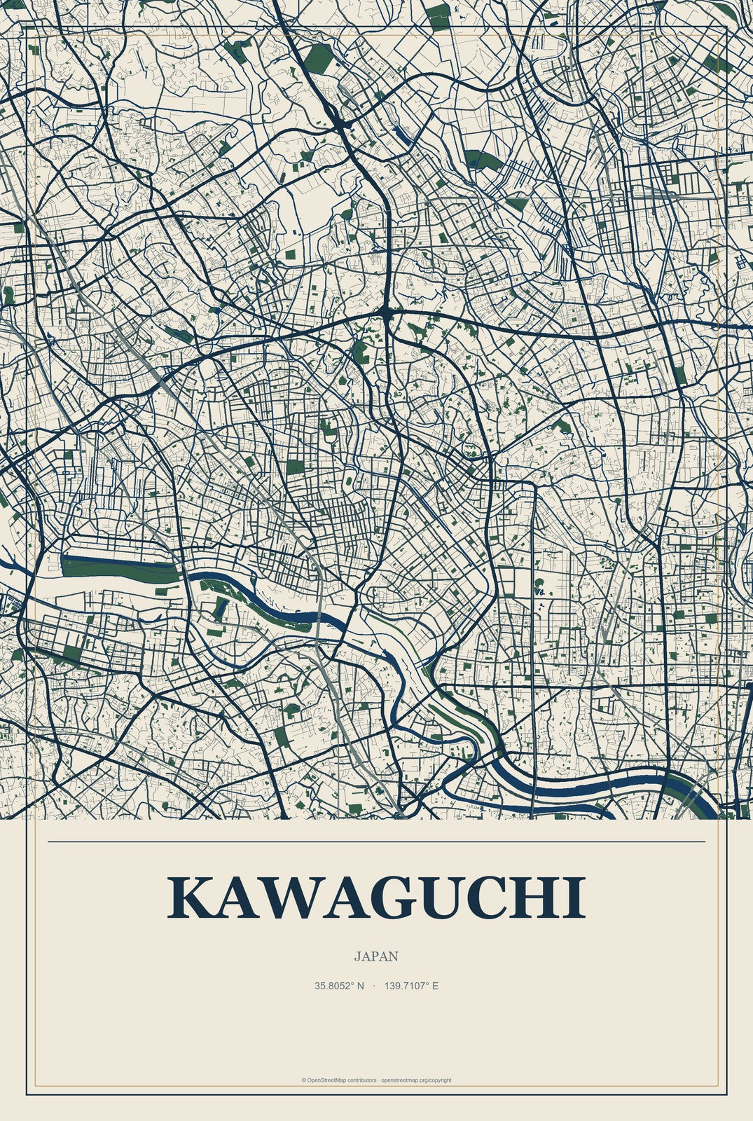Kawaguchi, Japan City Map Aluminum Sign in Coastal Cutout style