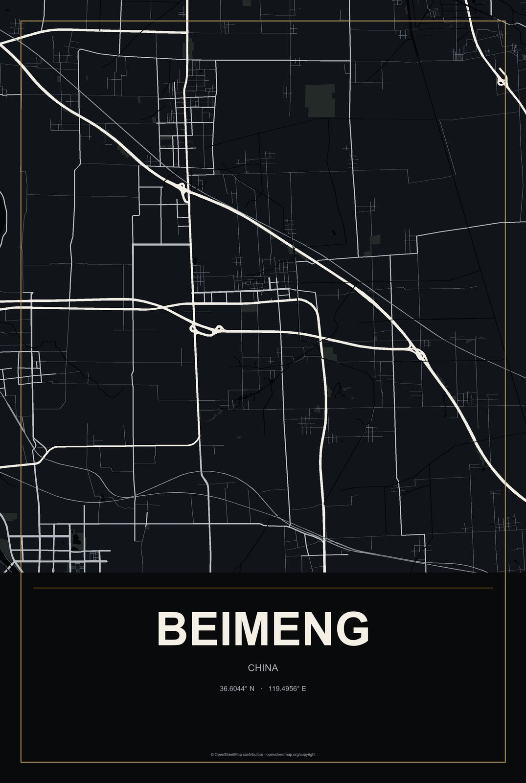 Beimeng, China City Map Aluminum Sign in Metropolitan Noir style