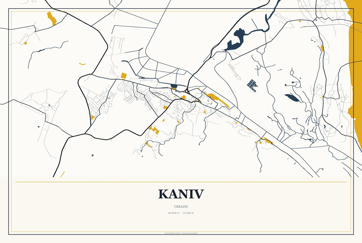 Kaniv, Ukraine City Map Aluminum Sign in Citrine Modern style