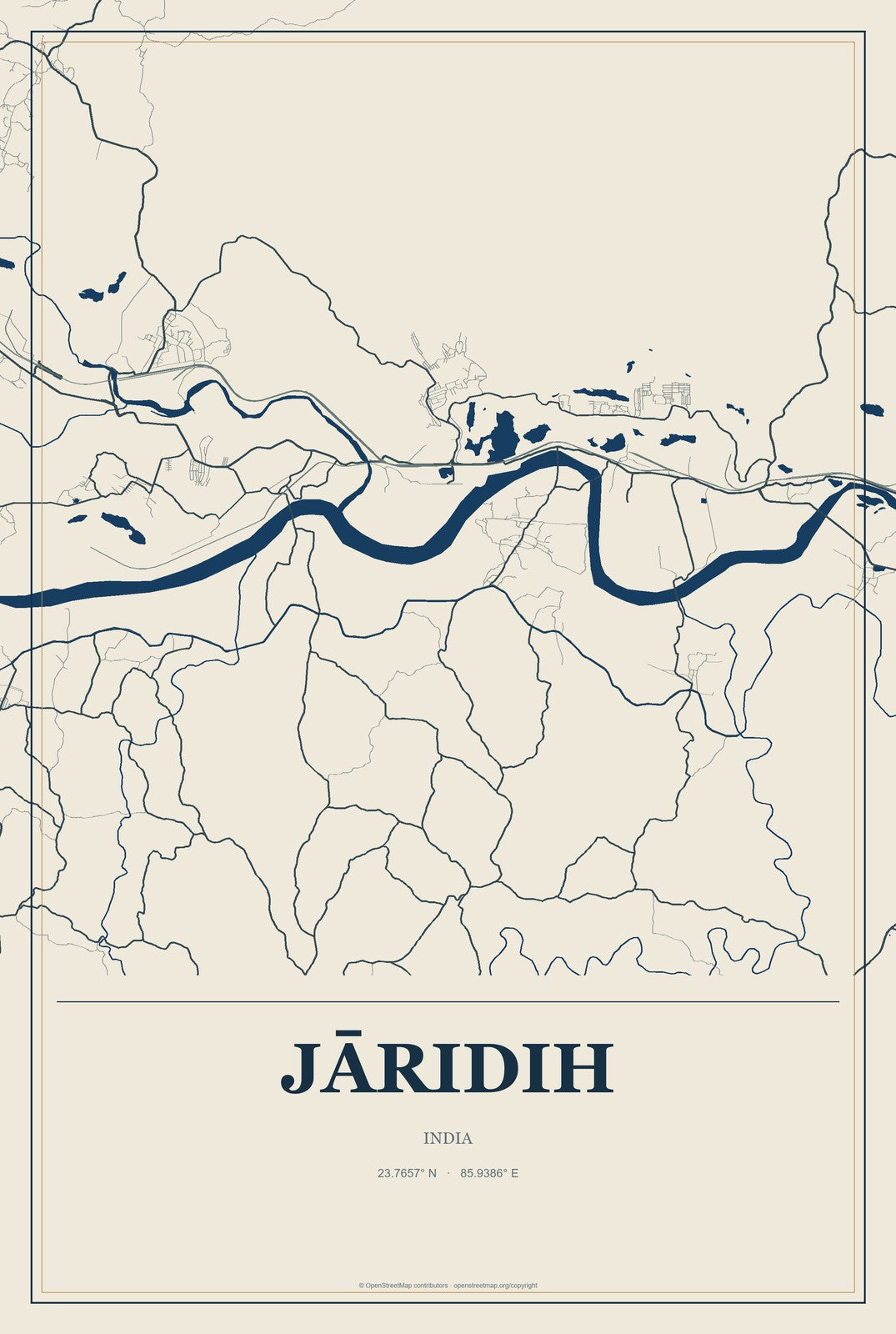Jāridih, India City Map Aluminum Sign in Coastal Cutout style