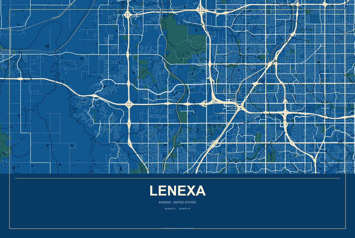 Lenexa, Kansas City Map Aluminum Sign in Harbor Cobalt style