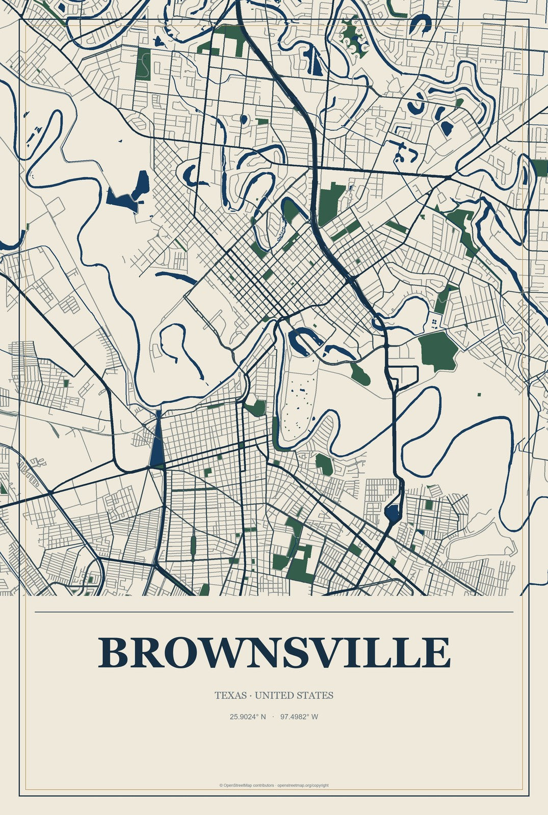 Brownsville, Texas City Map Aluminum Sign in Coastal Cutout style