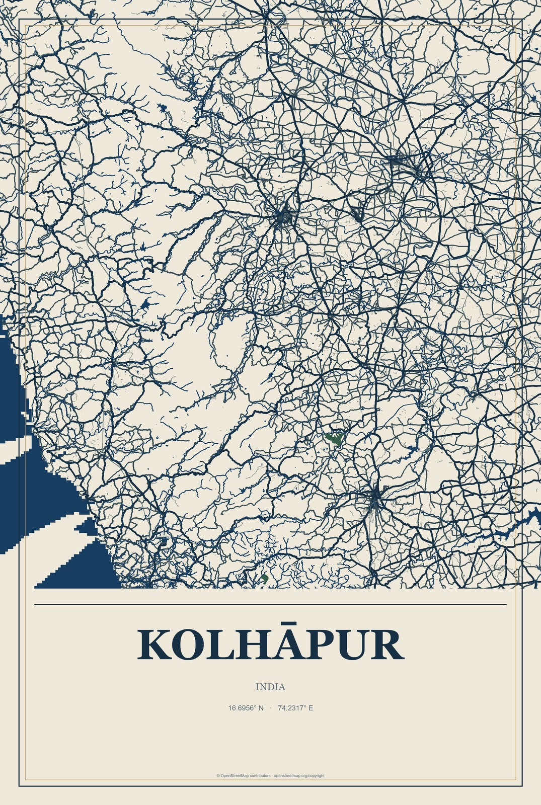 Kolhāpur, India City Map Aluminum Sign in Coastal Cutout style