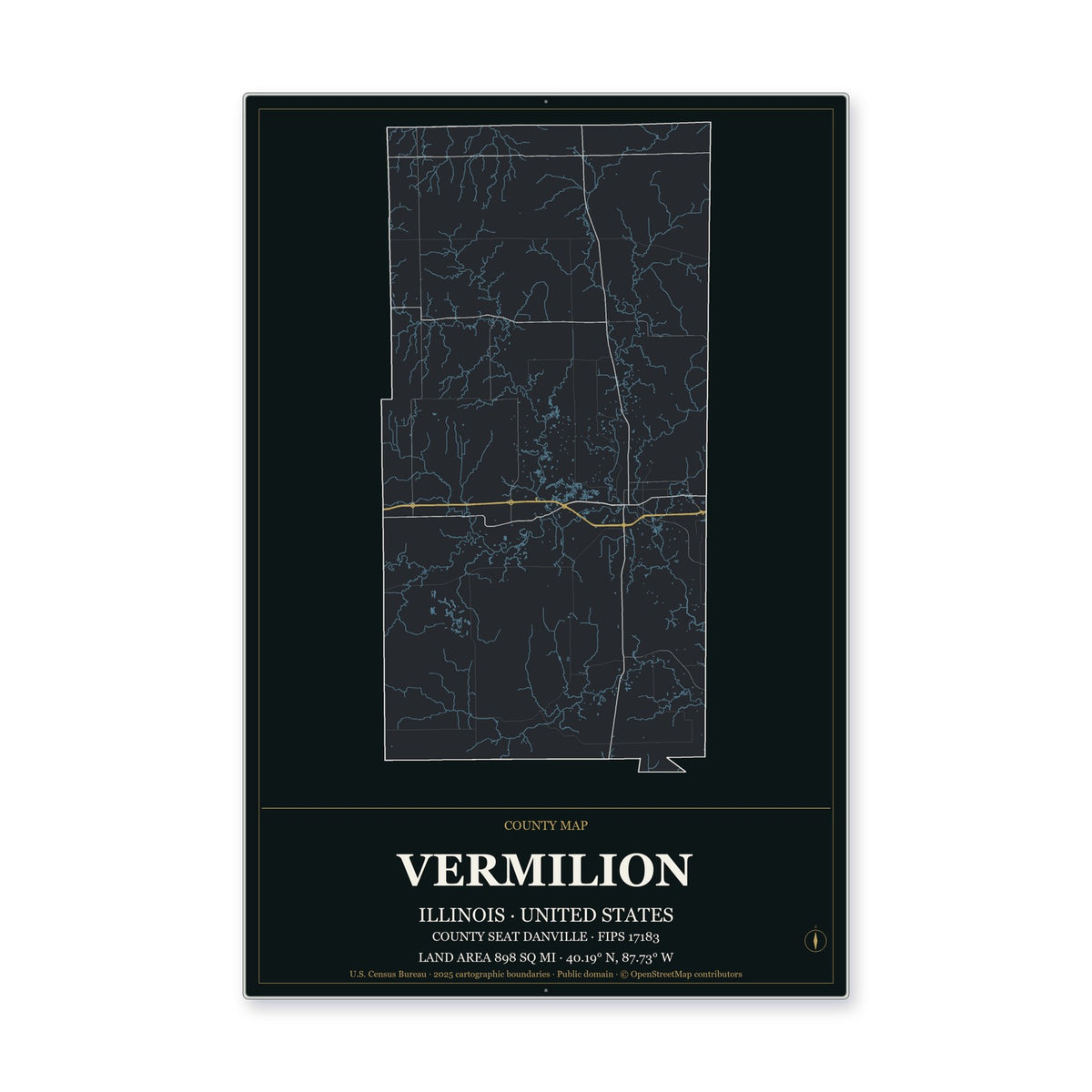 Vermilion County, Illinois Map Aluminum Sign in Metropolitan Noir style