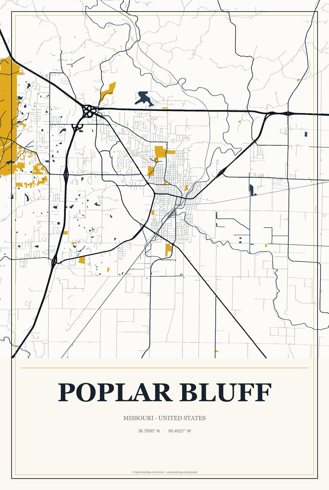 Poplar Bluff, Missouri City Map Aluminum Sign in Citrine Modern style