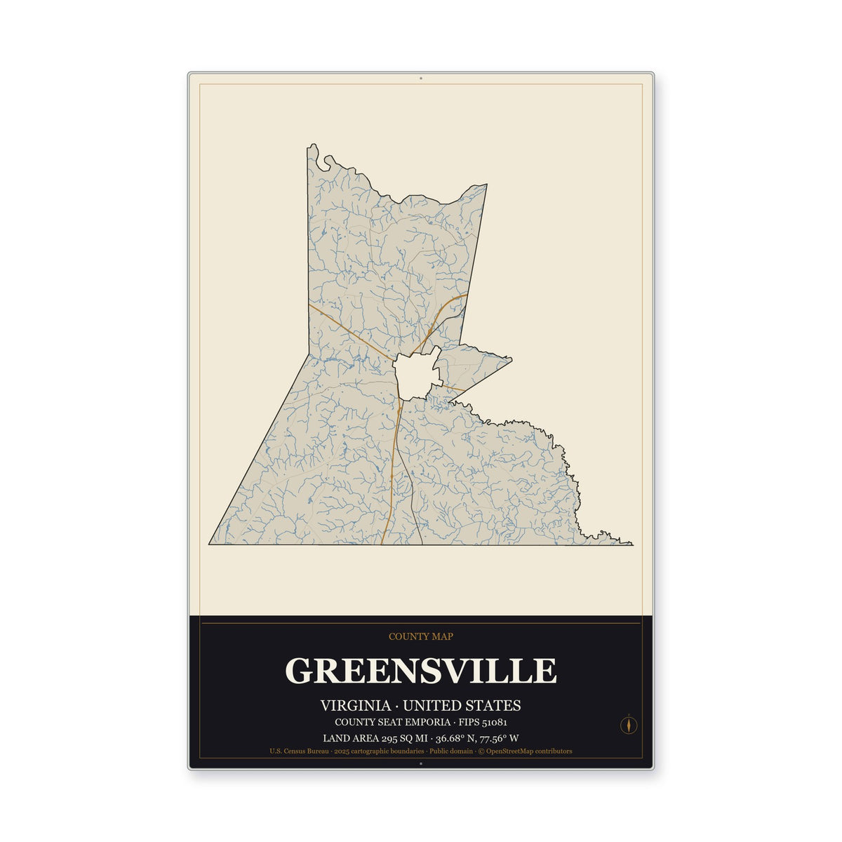 Greensville County, Virginia Map Aluminum Sign in Museum Plaque style