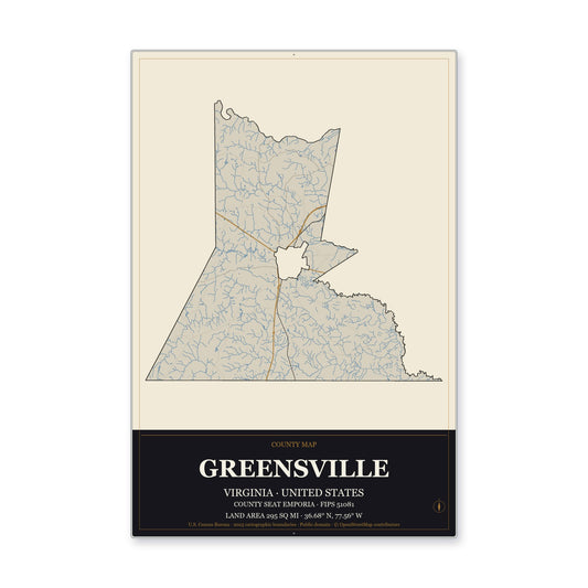 Greensville County, Virginia Map Aluminum Sign in Museum Plaque style