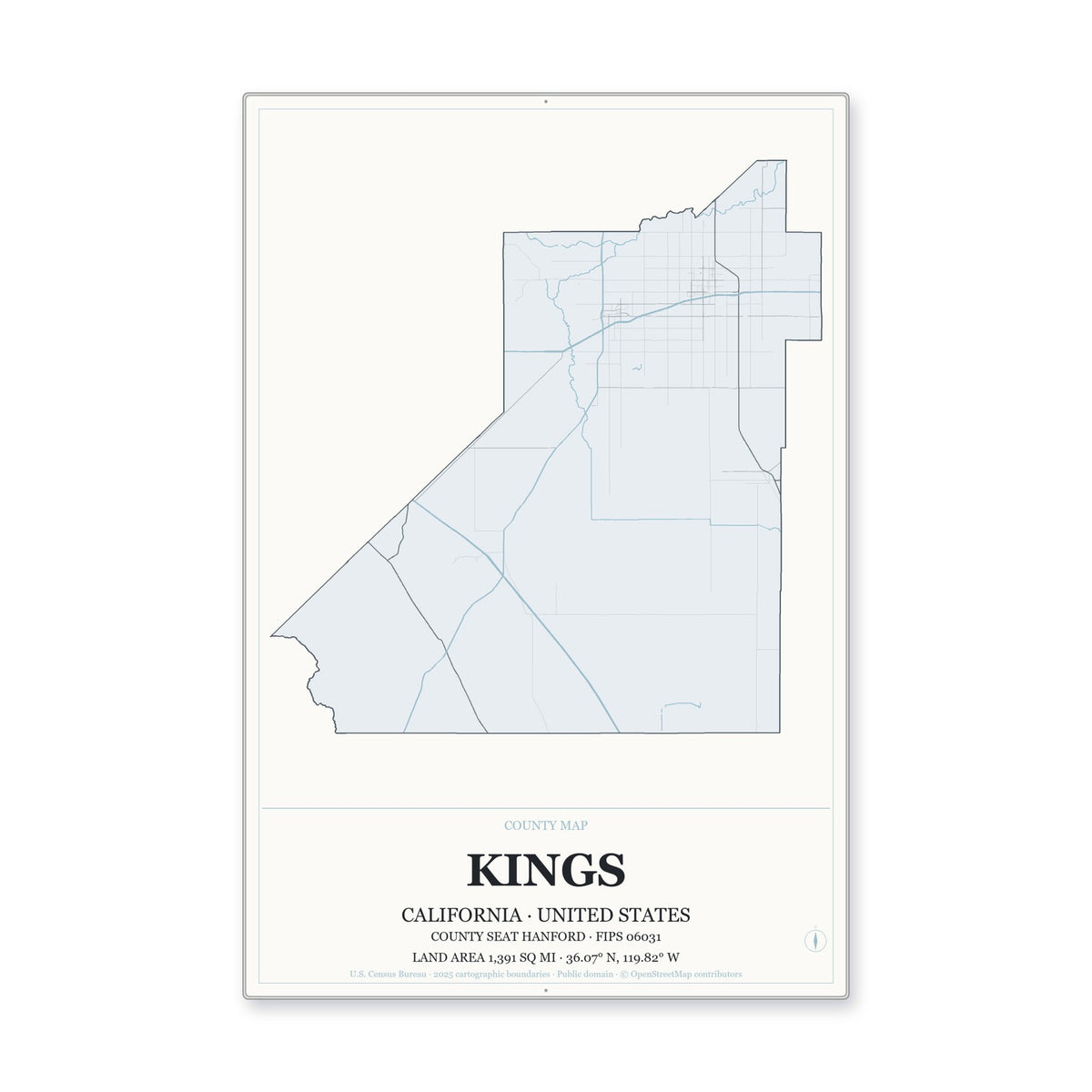 Kings County, California Map Aluminum Sign in Gallery Air style