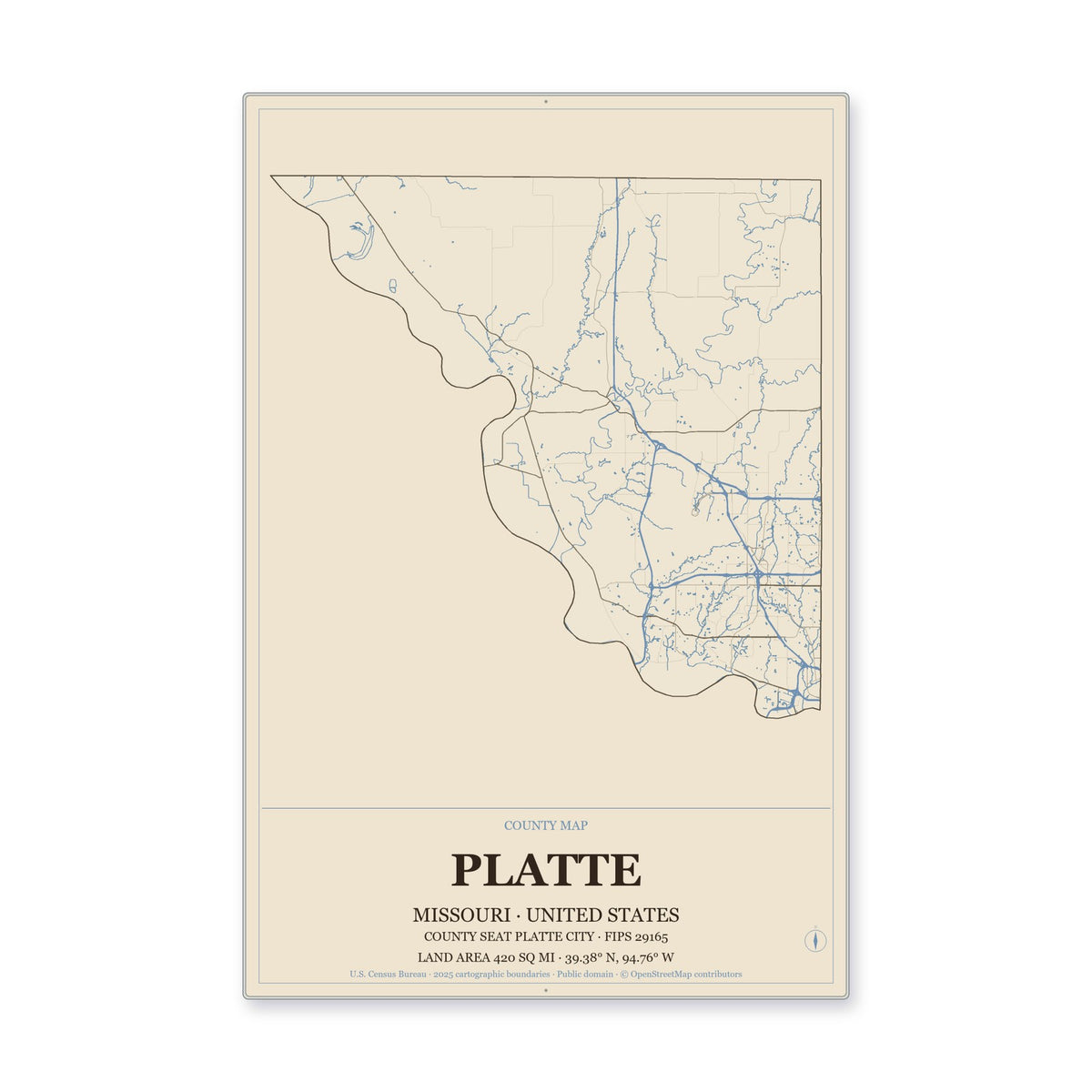 Platte County, Missouri Map Aluminum Sign in Heritage Nautical style