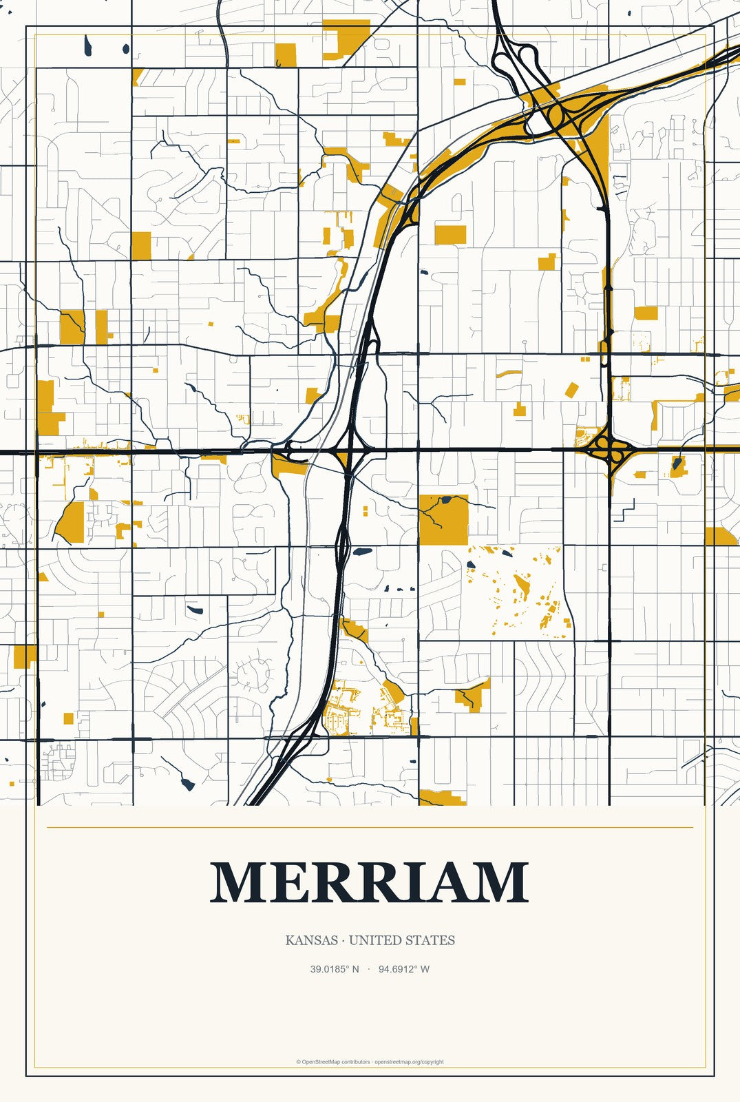 Merriam, Kansas City Map Aluminum Sign in Citrine Modern style