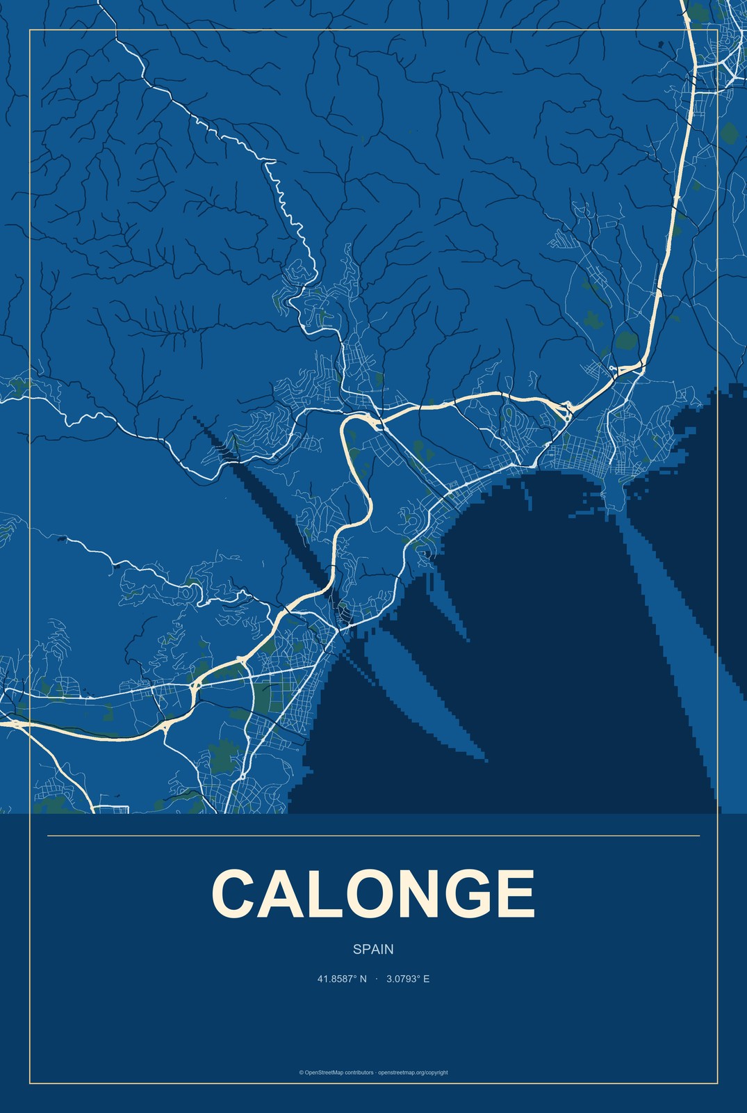 Calonge, Spain City Map Aluminum Sign in Harbor Cobalt style