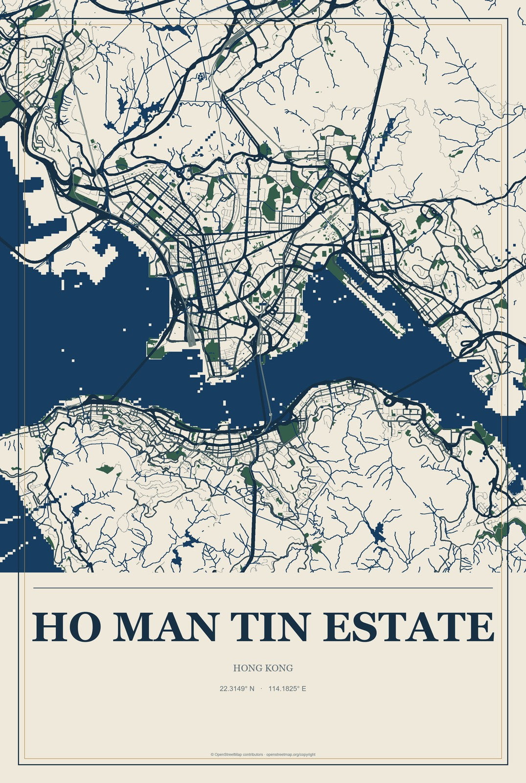 Ho Man Tin Estate, Hong Kong City Map Aluminum Sign in Coastal Cutout style