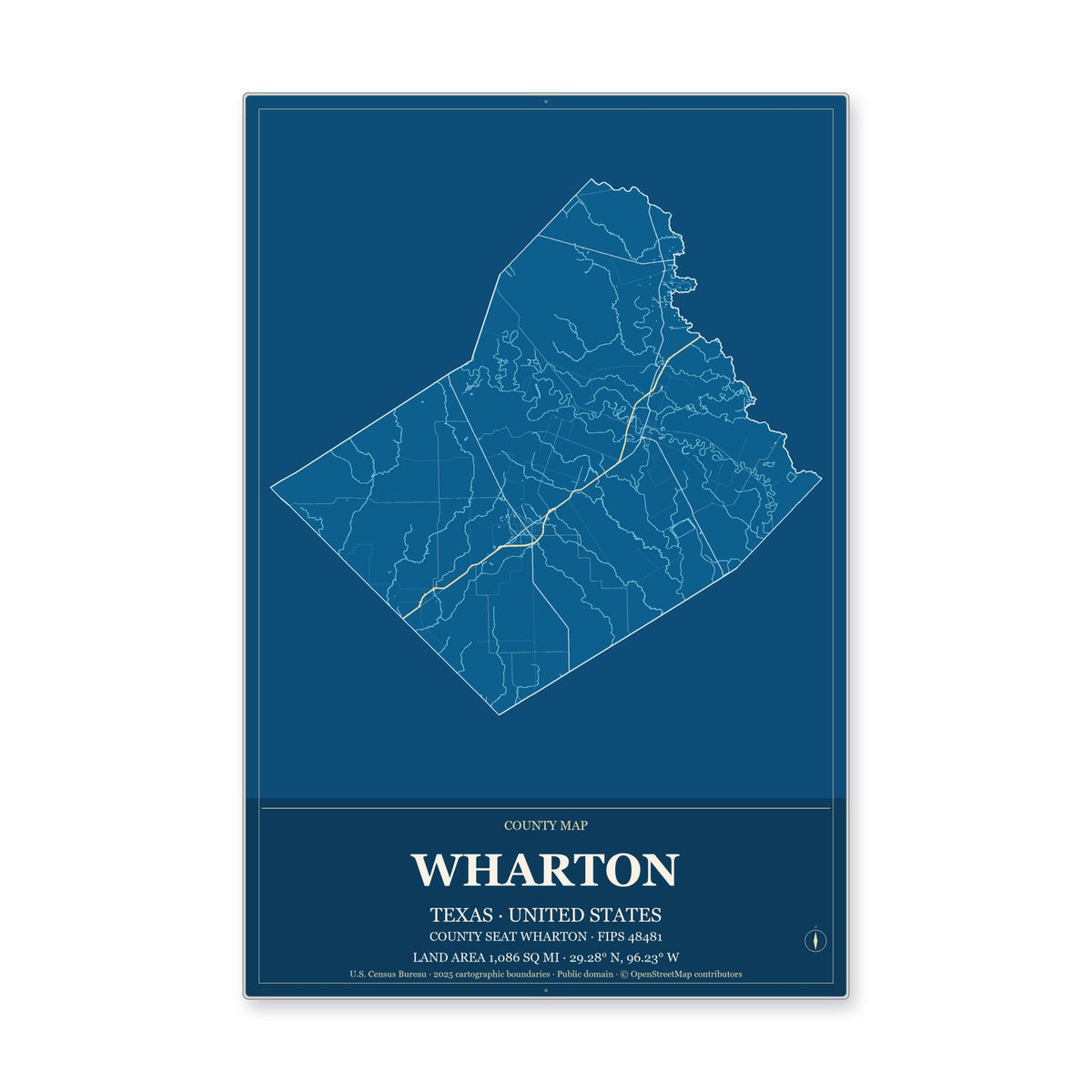 Wharton County, Texas Map Aluminum Sign in Harbor Cobalt style