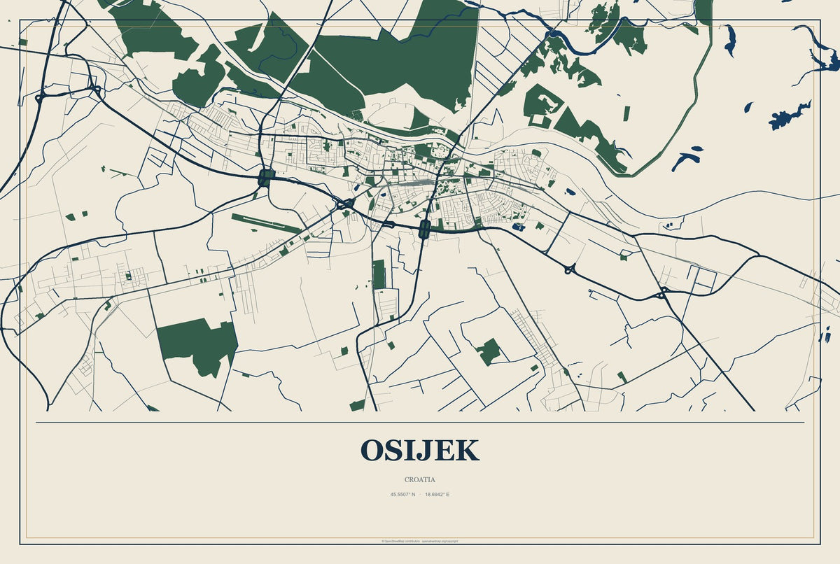 Osijek, Croatia City Map Aluminum Sign in Coastal Cutout style
