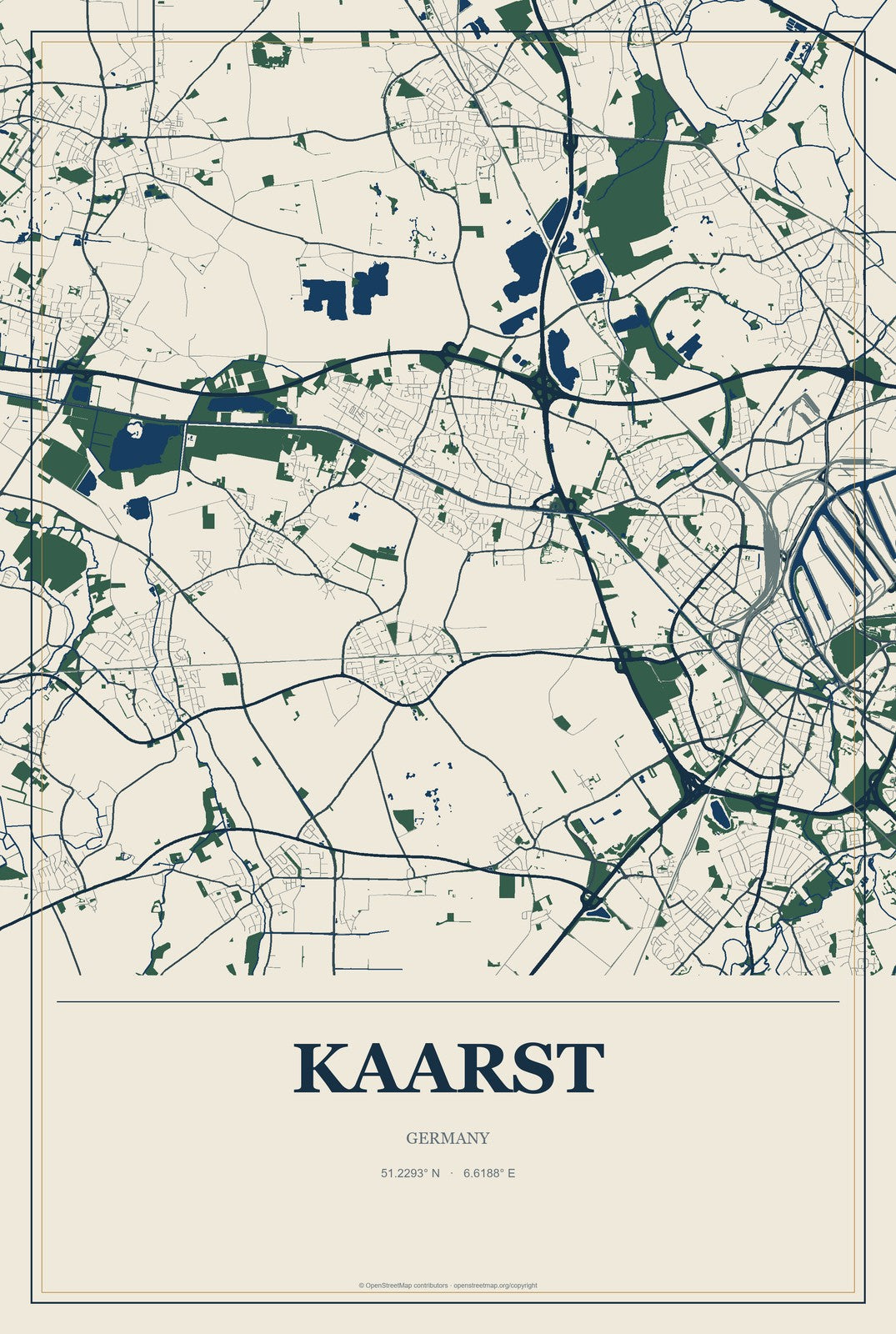Kaarst, Germany City Map Aluminum Sign in Coastal Cutout style