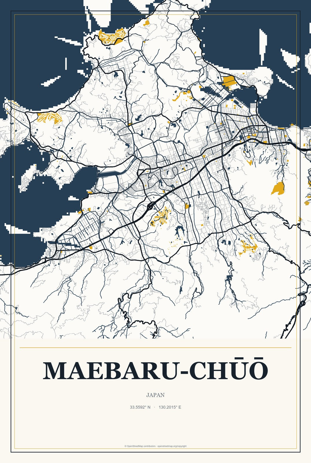 Maebaru-chūō, Japan City Map Aluminum Sign in Citrine Modern style