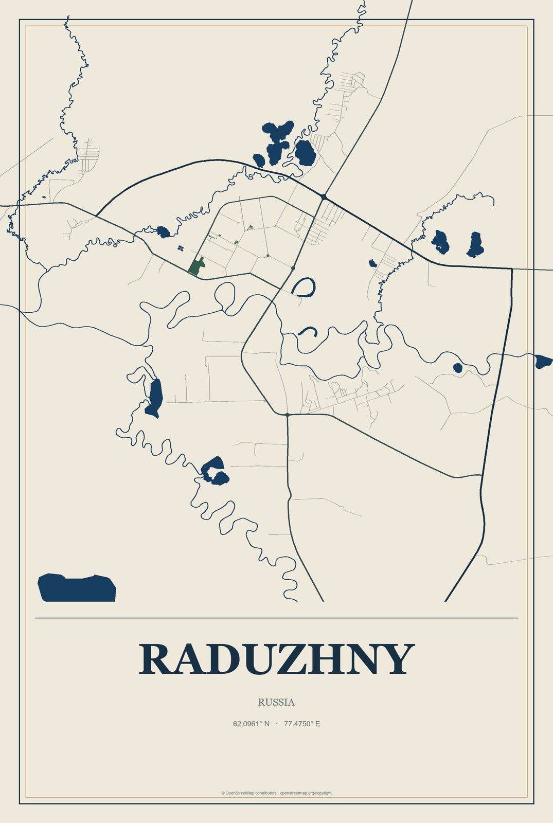 Raduzhny, Russia City Map Aluminum Sign in Coastal Cutout style