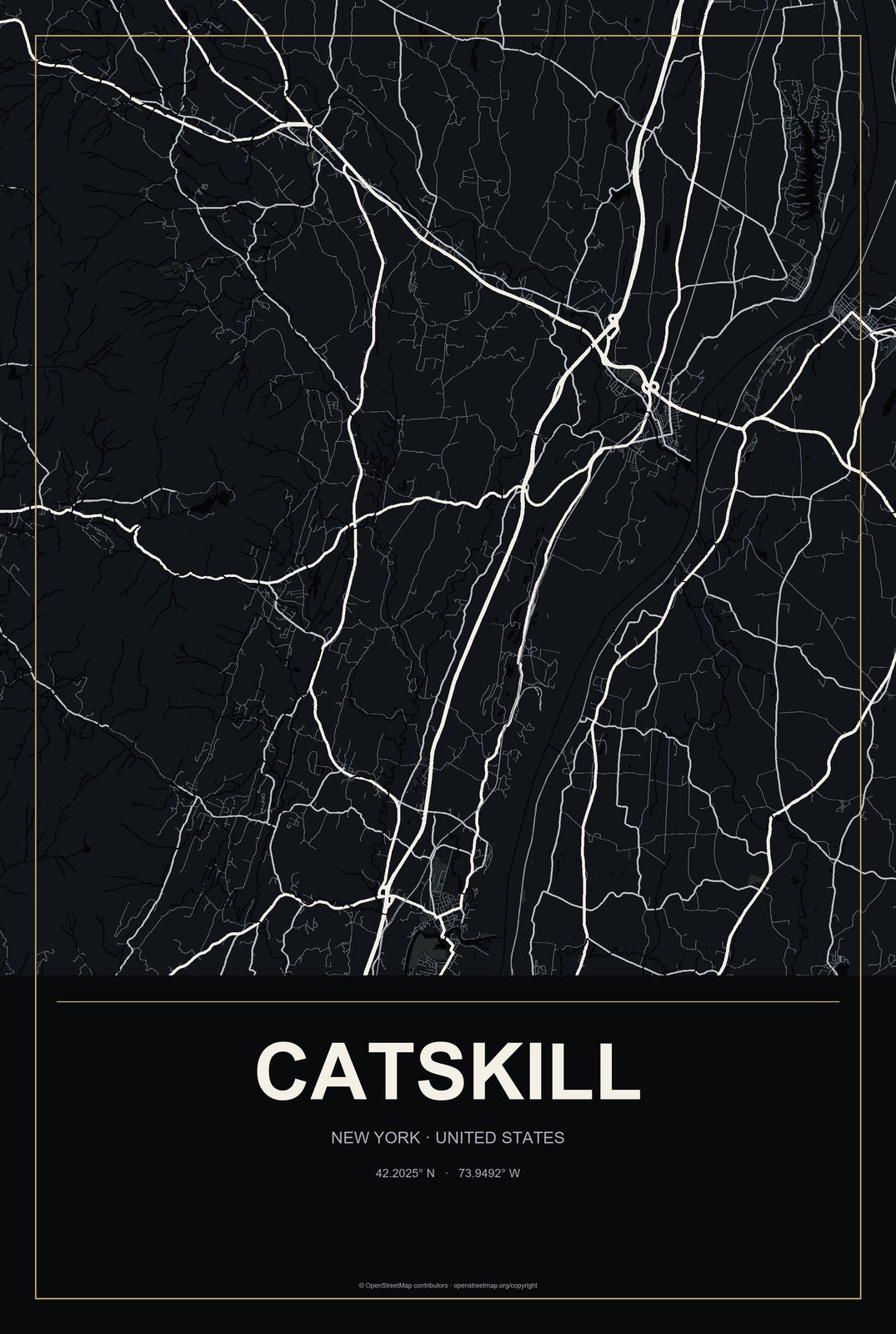 Catskill, New York City Map Aluminum Sign in Metropolitan Noir style