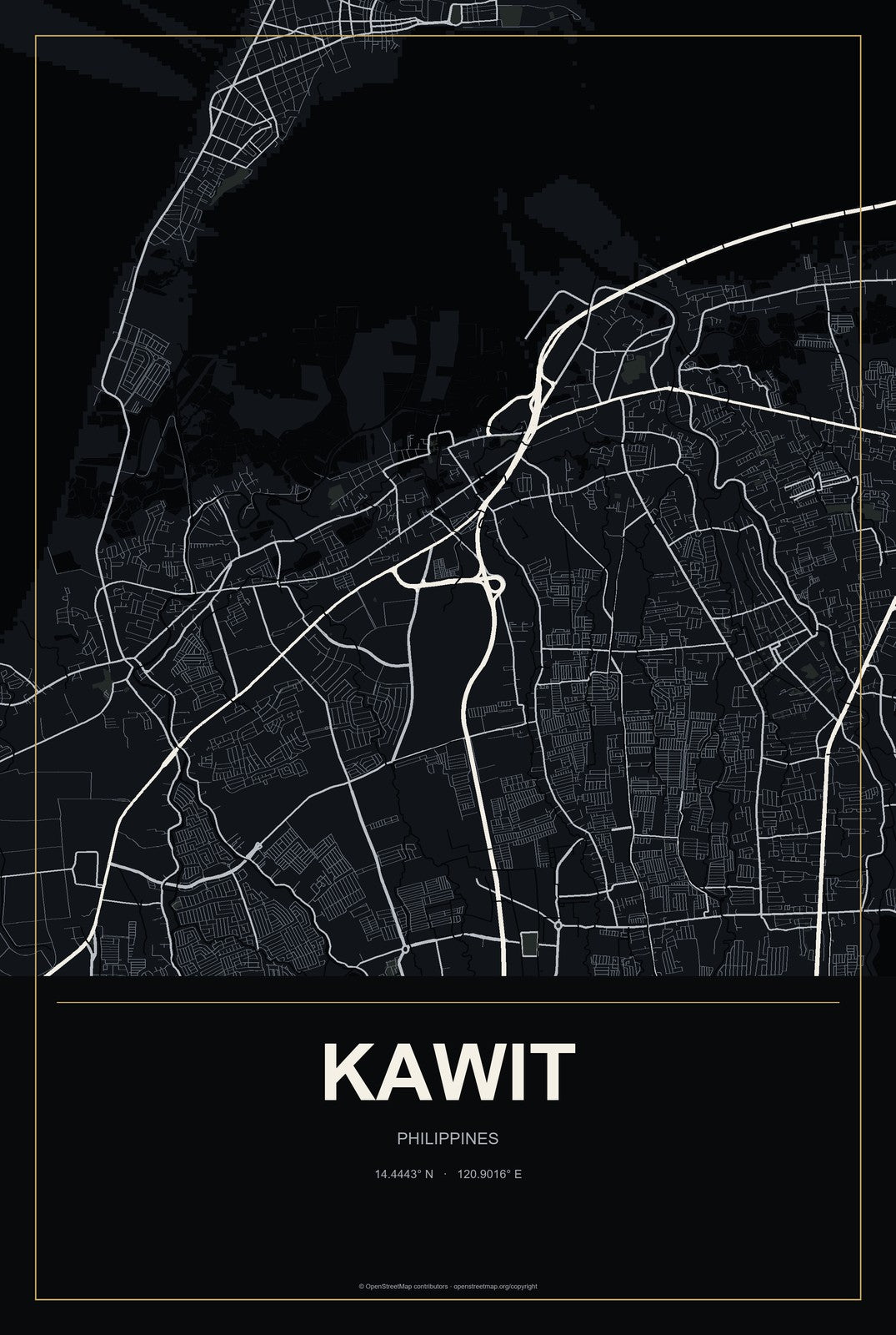 Kawit, Philippines City Map Aluminum Sign in Metropolitan Noir style