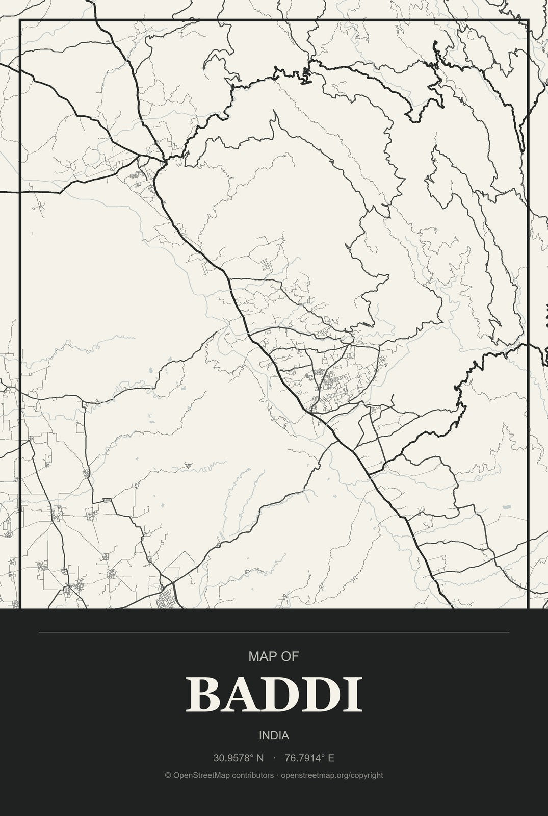 Baddi, India City Map Aluminum Sign in Museum Plaque style