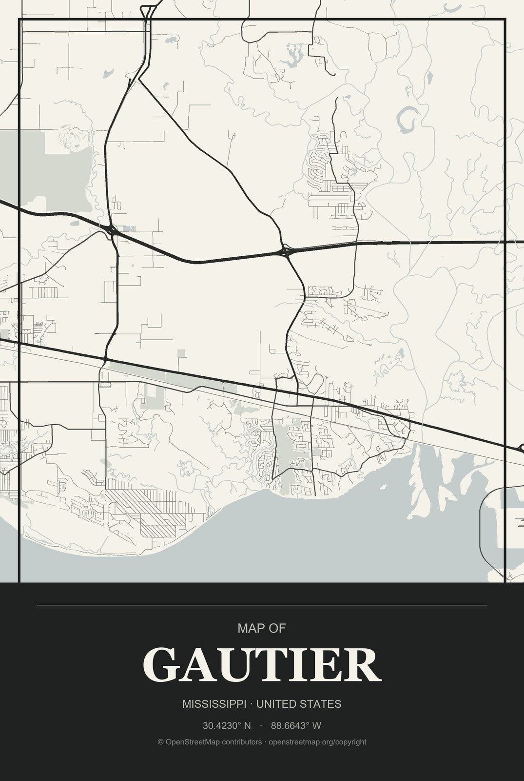 Gautier, Mississippi City Map Aluminum Sign in Museum Plaque style