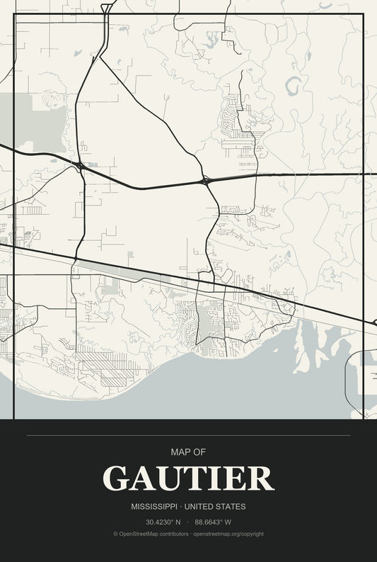 Gautier, Mississippi City Map Aluminum Sign in Museum Plaque style