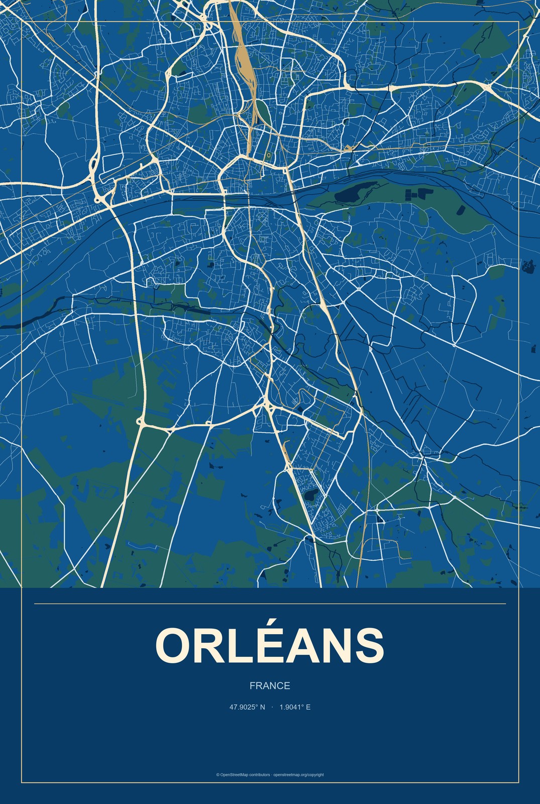 Orléans, France City Map Aluminum Sign in Harbor Cobalt style